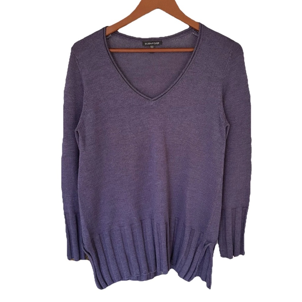 Eileen Fisher Merino Wool Sweater Size Medium Purple Lagenlook V-Neck Slit Side